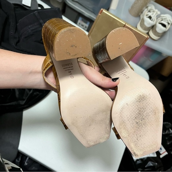 Schutz Brown Crocodile Alligator Block Heels Sandals Shoes Leather Size 6 - Picture 4 of 9